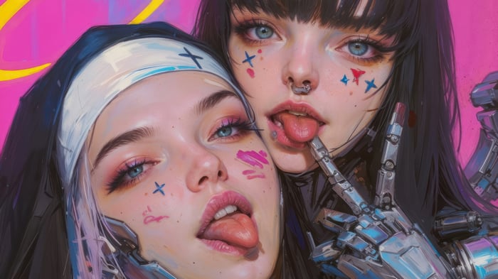 Cyberpunk Nun and Girl with Robotic Arm 4K