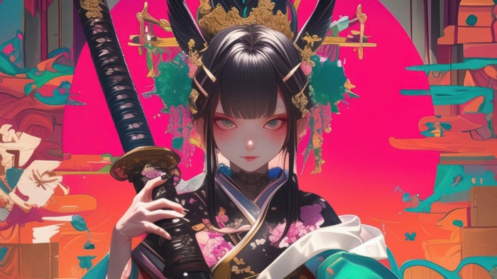 Anime girl in kimono with katana