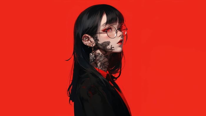 Anime Girl with Glasses and Tattoos 4K