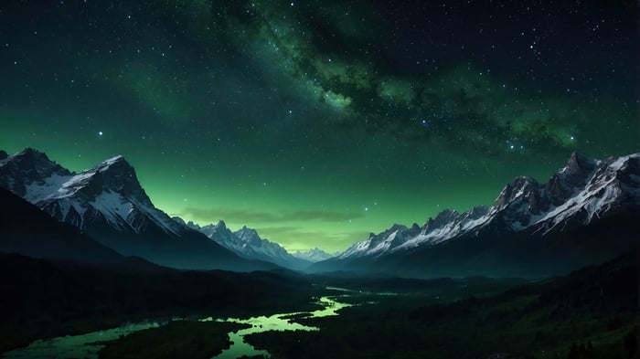 Night Sky Over Snowy Mountains and River 4K
