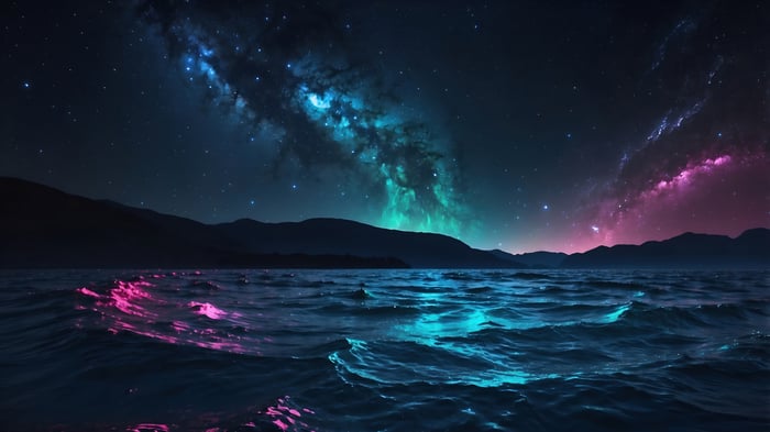 Colorful Night Sky Over Ocean Waves 4K