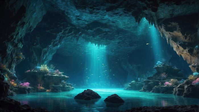 Underwater Cave with Coral and Sunbeams 4K