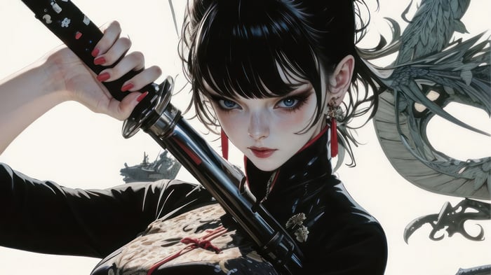 Anime Girl with Sword and Dragon