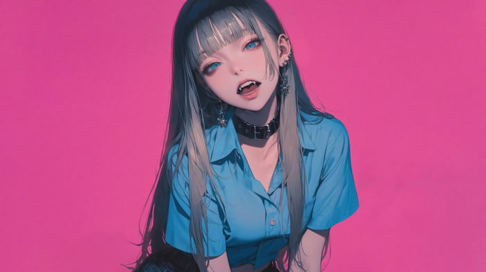 Anime Girl with Fangs and Blue Shirt 4K