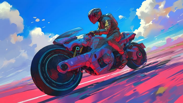 Cyberpunk Motorcycle Rider in Sci-Fi Landscape 4K