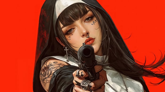 Anime Nun Holding a Gun 4K