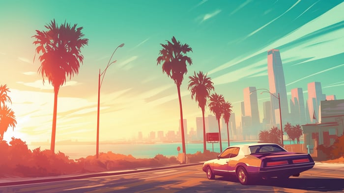 Car driving on a road during sunset with city skyline