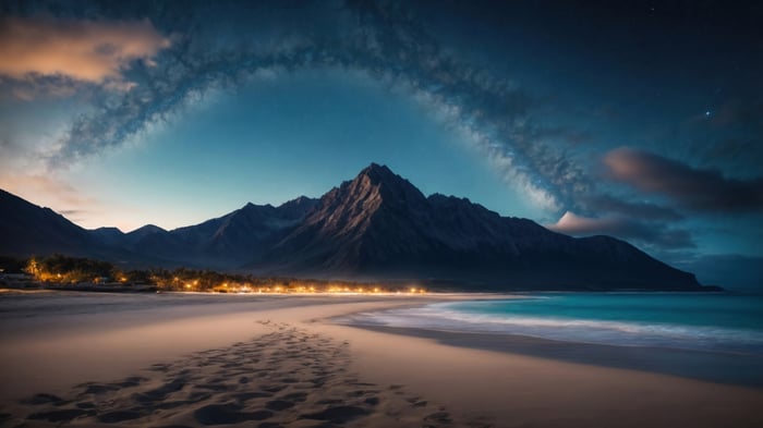 Beach with Mountains and Lights at Night 4K