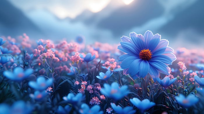 Blue and Pink Flowers in a Field 4K