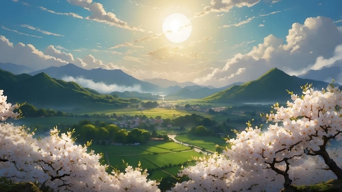 Sunrise over a valley with mountains and cherry blossoms 4K