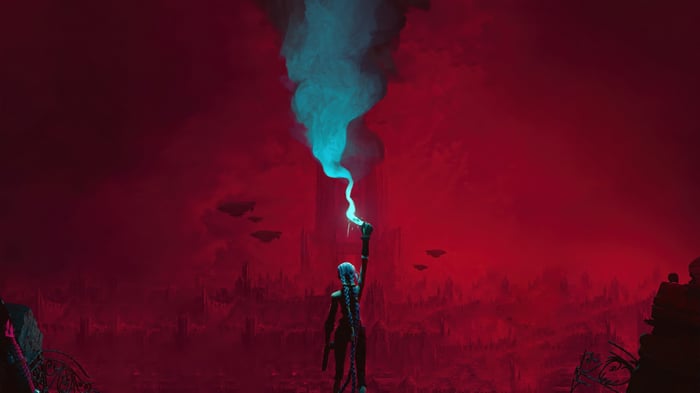 Jinx from Arcane with blue smoke in a red landscape 4K