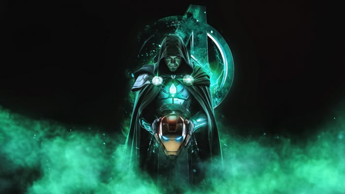 Doctor Doom holding Iron Man's helmet with Avengers logo