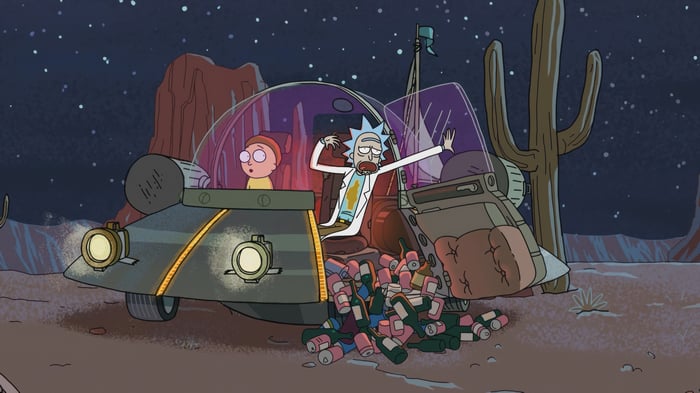 Rick and Morty in a spaceship with empty bottles