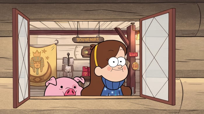 Gravity Falls: Mabel Pines and Waddles in a Souvenir Shop