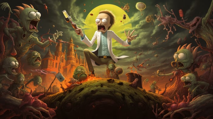 Rick Sanchez in a chaotic alien landscape