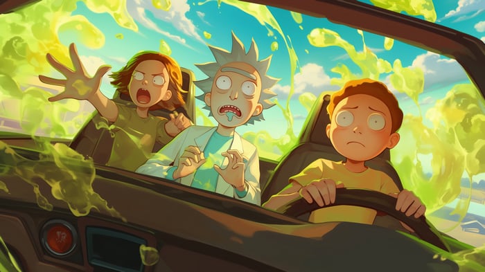 Rick and Morty in a car with green slime