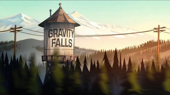 Gravity Falls water tower with mountains and trees