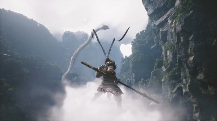 Black Myth Wukong in a misty mountain landscape