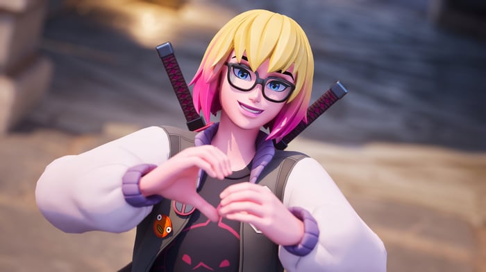 Gwenpool from Fortnite making a heart shape