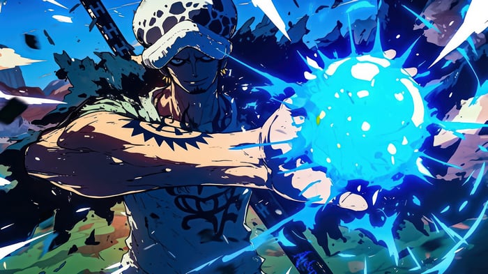 Trafalgar Law from One Piece using a blue energy attack