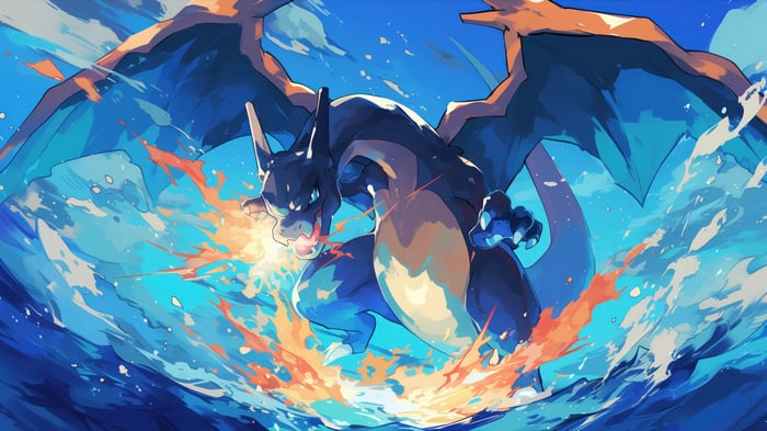 Mega Charizard X breathing fire in water