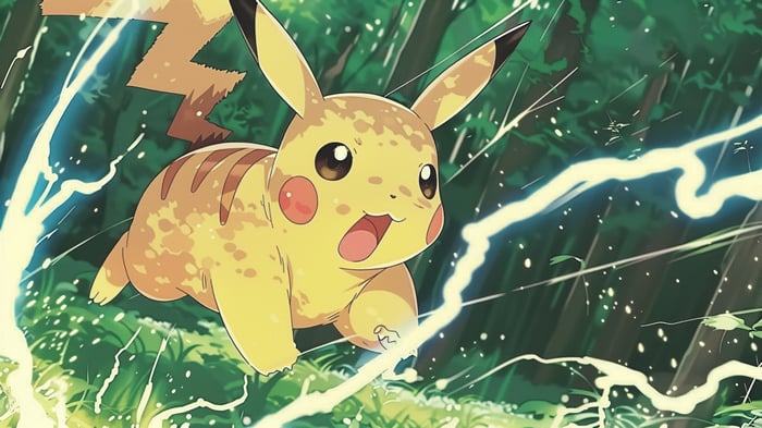 Pikachu using Thunderbolt in a forest 4K