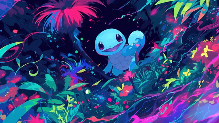 Squirtle in a vibrant, colorful jungle 4K