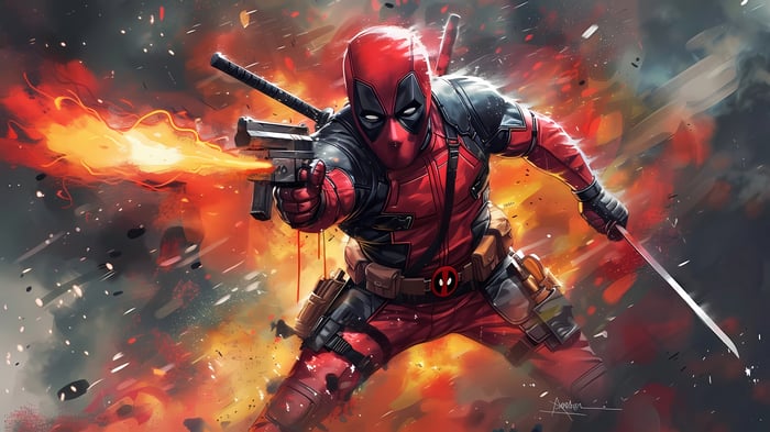 Deadpool firing a gun with explosions in the background 4K