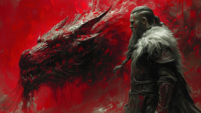 Viking warrior facing a red dragon in 4K