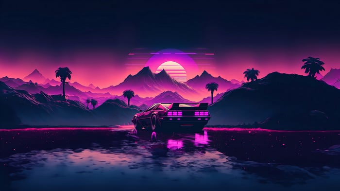 Sports Car in a Retrowave Landscape with Mountains and Moon