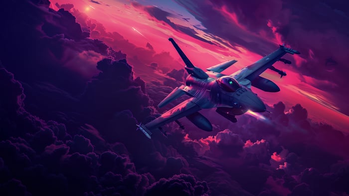 Fighter Jet Flying Through Pink and Purple Clouds 4K