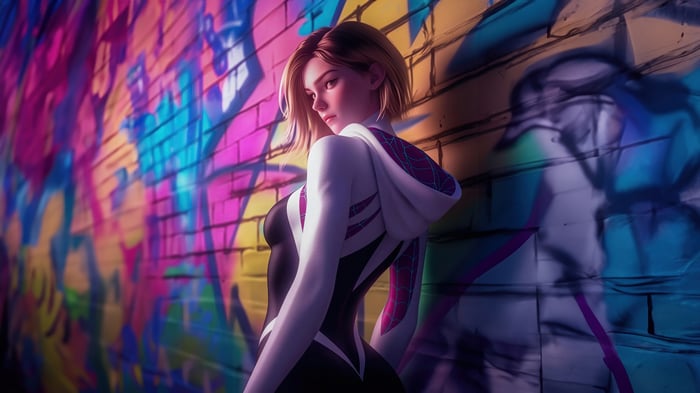 Spider-Gwen Poses Against Graffiti Wall 4K
