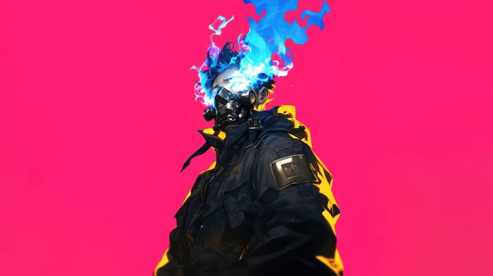 Cyberpunk character with blue flames on head 4K