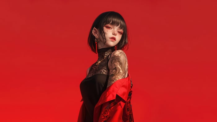 Anime Girl with Tattoo and Red Jacket 4K