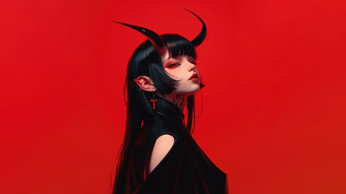 Anime Devil Girl with Black Hair and Horns 4K
