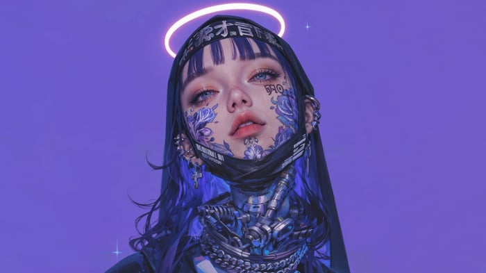 Anime Girl with Tattoos and Sci-Fi Nun Outfit 4K