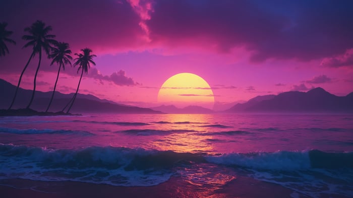 Sunset over the ocean with palm trees and mountains 4K