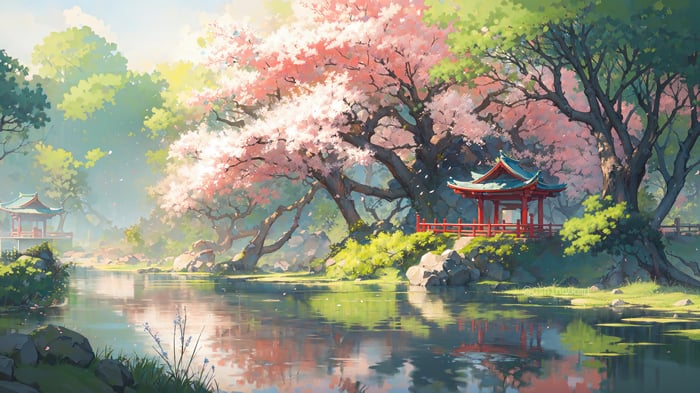 Japanese Garden with Cherry Blossoms and Pavilion 4K
