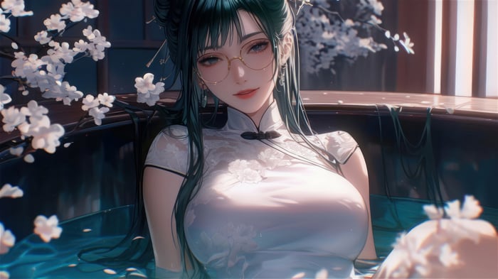 Anime Girl in White Dress with Glasses and Flowers 4K