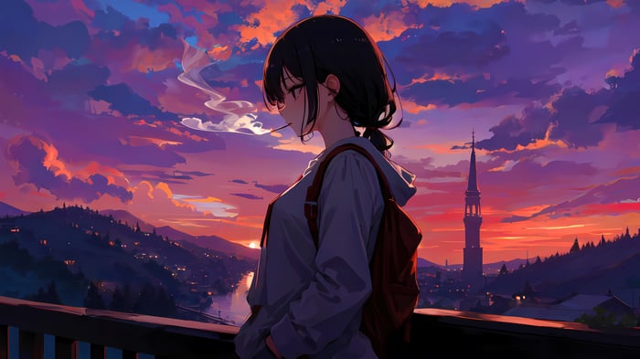 Anime Girl Smoking at Sunset 4K