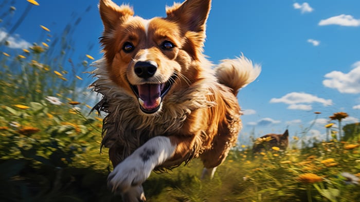 Happy Corgi Running in a Field of Flowers 4K