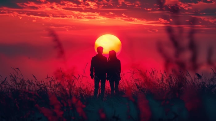 Couple Silhouetted Against a Vibrant Sunset
