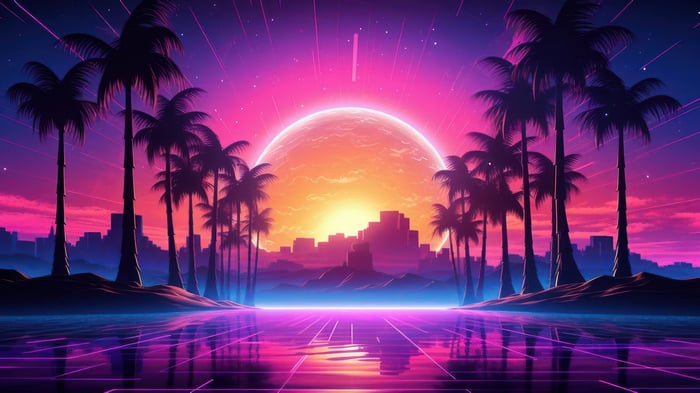 Synthwave Palm Trees and Cityscape with Large Moon 4K