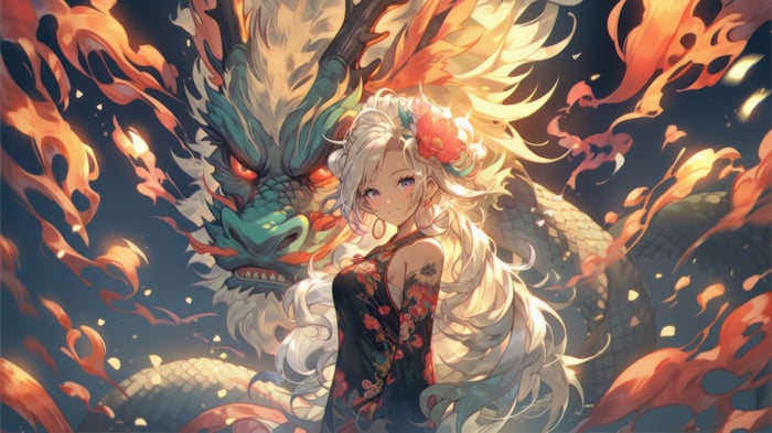 Anime Girl and Dragon in Fantasy 4K