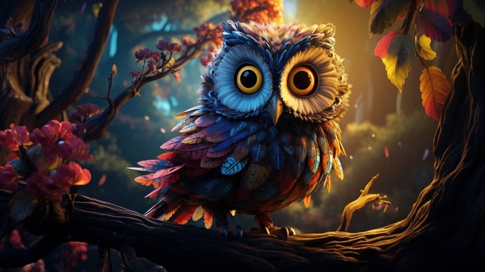 A colorful owl perched on a tree branch in a forest