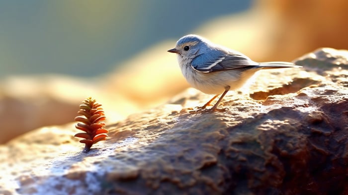 A small blue bird on a rock with a plant
