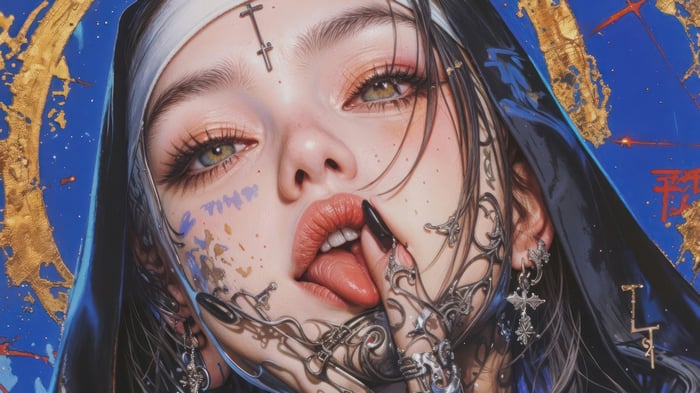 Anime Nun with Cross and Ornate Face Jewelry 4K