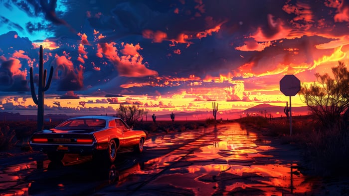 Sports car on a wet road at sunset
