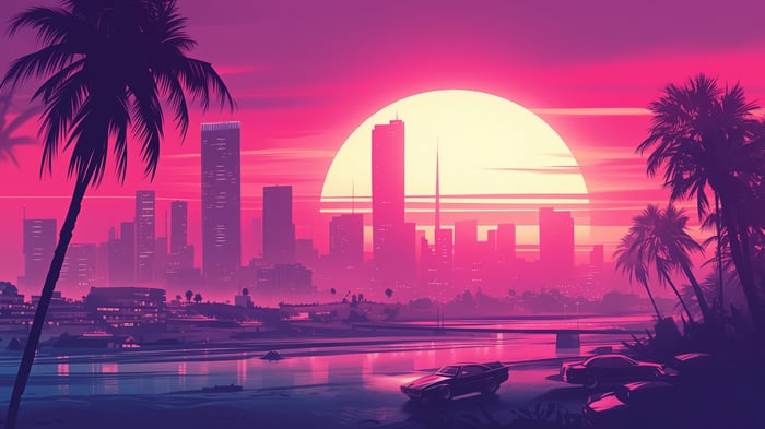 Retro Sunset Cityscape with Palm Trees and Cars 4K