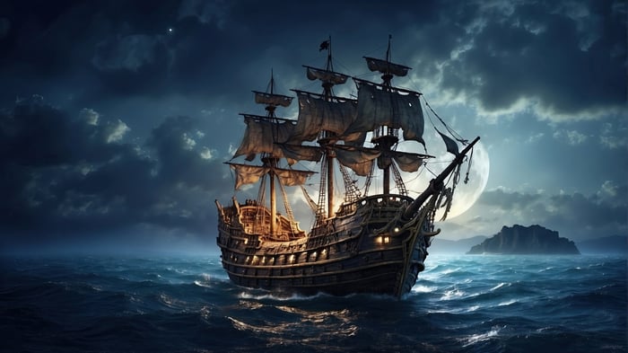 Pirate Ship Sailing on the Ocean at Night 4K
